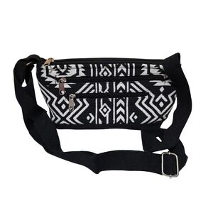Black White Geometric Tribal Canvas Fanny Pack Waist Bag Adjustable Strap Boho